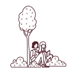 couple sitting with book in landscape with trees and plants