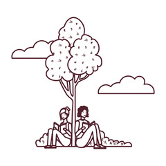 couple sitting with book in landscape with trees and plants