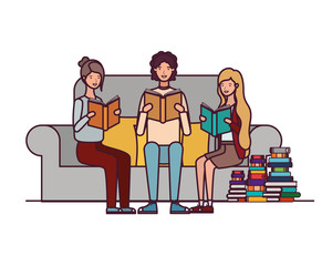 group of people sitting on chair with book in hands