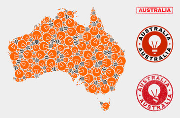 Electric bulb mosaic Australia map and rubber rounded seals. Mosaic vector Australia map is created with power bulb icons. Concept for power supply business. Orange and red colors used.