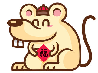 Cute rat mascot holding a chinese couplet.Chinese New Year 2020. The year of Rat 2020. Translation: Blessing - vector