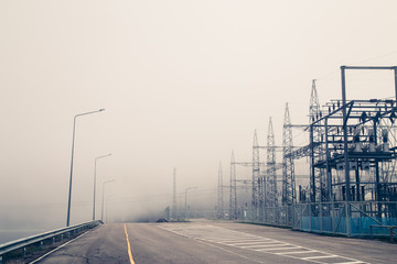 Power plant - transformation station. Multitude of cables and wires