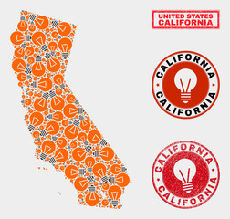 Power lamp mosaic California State map and rubber rounded stamp seals. Mosaic vector California State map is composed with light lamp icons. Abstraction for power supply services.