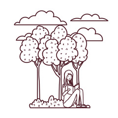 woman sitting with book in landscape with trees and plants