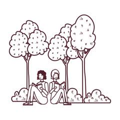 couple sitting with book in landscape with trees and plants