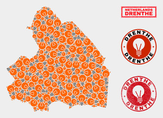 Power bulb mosaic Drenthe Province map and grunge round seals. Mosaic vector Drenthe Province map is composed with idea bulb icons. Templates for power supply business. Orange and red colors used.