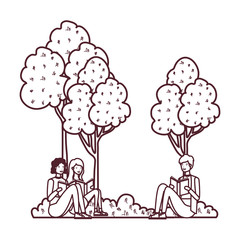 group of people sitting with book in landscape