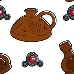 Armenian pottery and jewelry clay jug and brooch seamless pattern