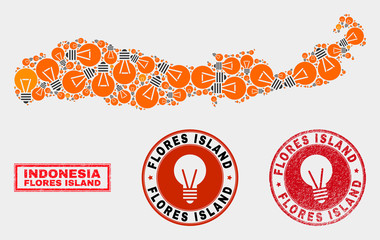 Illumination bulb mosaic Flores Island of Indonesia map and grunge rounded stamps. Mosaic vector Flores Island of Indonesia map is created with electric bulb icons. Abstraction for electric business.