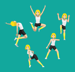 Manga Style Yellow Bob Hair Woman Cartoon Zumba Dance Poses Set Vector 2