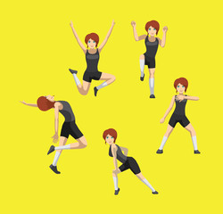 Fototapeta na wymiar Manga Style Red Hair Woman Cartoon Zumba Dance Poses Set Vector 2