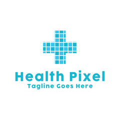 Obraz premium Health Pixel Logo Design With Flat Blue Style Color Concept. Geometric Logotype. Care And Technology Emblem For Clinic. Healthy Digital Icon For Medical. Creative And Modern Healthcare Graphic Idea.