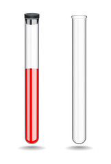 Glass laboratory test tube with blood is closed with a rubber stopper. Empty tube without liquid. Chemistry, biology, medicine, and pharmaceuticals. Object on a white background. Vector illustration