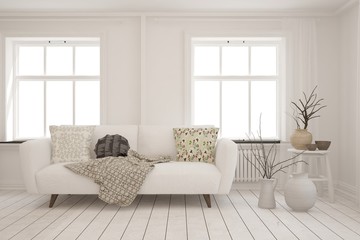 White stylish minimalist room with sofa. Scandinavian interior design. 3D illustration