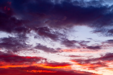 Colorful and Dramatic Sunset Storm Clouds in the Sky. Weather, Thunderstorm, Cloudscape Background.