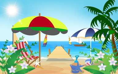 Fototapeta na wymiar chair and umbrella on the beach in summer