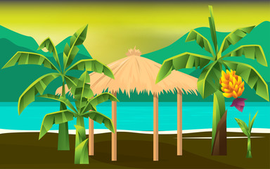 wooden gazebo at the river in sunset