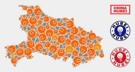 Illumination bulb mosaic Hubei Province map and rubber round seals. Mosaic vector Hubei Province map is composed with light bulb elements. Concept for electric services. Orange and red colors used.