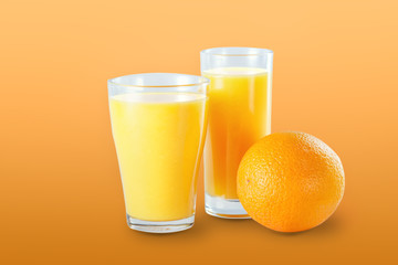 Fresh orange juice with fruits on orange art background.