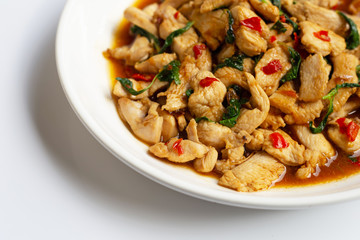 Stir-fried chicken with holy basil on white