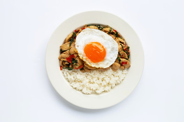 Rice topped with stir-fried chicken and holy basil, fried egg