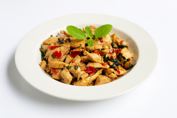 Stir-fried chicken with holy basil on white