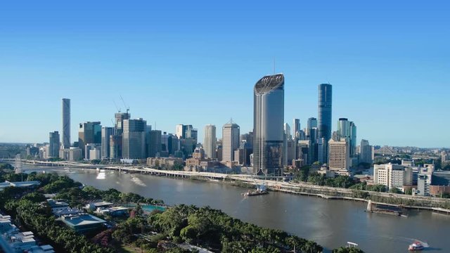 View of Brisbane City's skyline on a perfect day with beautiful blue sky