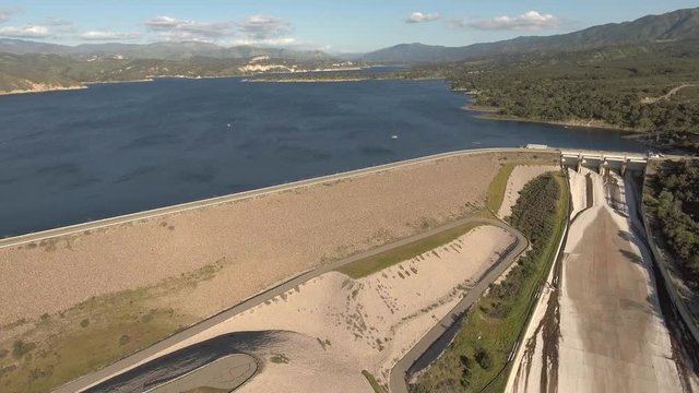 Aerial front shot of Bradbury Dam in Cachuma Lake