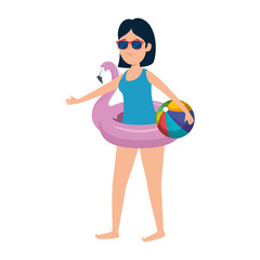 happy young girl with flemish float and balloon beach toy