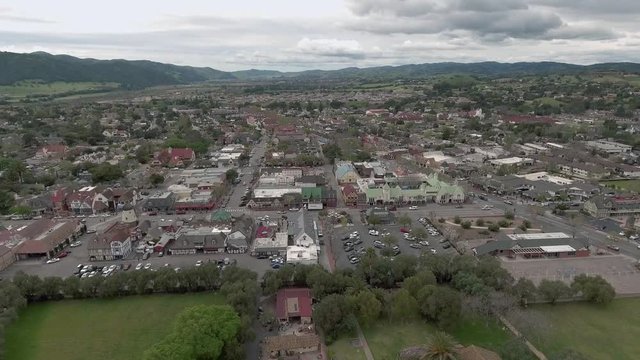 Aerial shot of small city of Solvang California