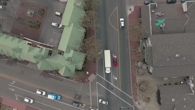 Aerial shot of Solvang California streets with cars