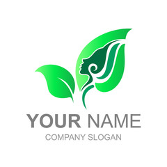 logo leaves with beautiful faces of women inside, green icon and leaf logo vector