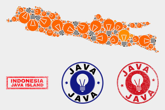 Electric lamp mosaic Java Island map and grunge round seals. Collage vector Java Island map is designed with electric lamp symbols. Abstraction for electric business. Orange and red colors used.