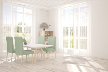 Fototapeta na wymiar White dinner room. Scandinavian interior design. 3D illustration