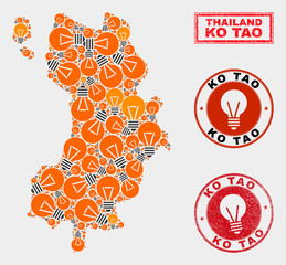 Light lamp mosaic Ko Tao map and grunge rounded stamp seals. Mosaic vector Ko Tao map is created with light bulb symbols. Templates for electric services. Orange and red colors used.