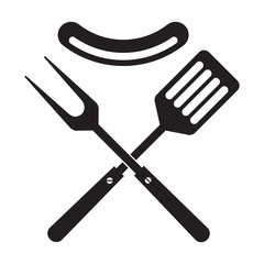 BBQ or grill tools icon. Crossed barbecue fork and spatula with sausage. Symbol template logo. Isolated vector illustration on white background.