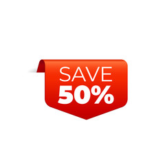 Red Vector Banner Ribbon on white background, top bookmark, save 50 percent