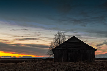 Barn House Silhouette On A Spring Night