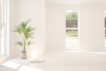 Empty room in white color. Scandinavian interior design. 3D illustration