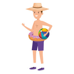 young man with donut float and balloon beach