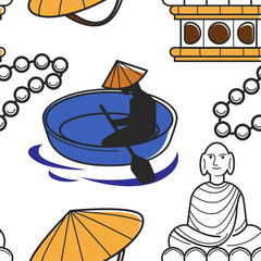 Man in boat architecture and headdress travel to Vietnam seamless pattern