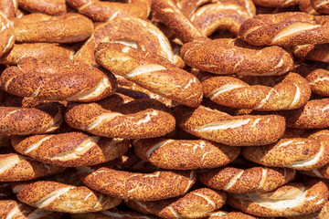 Traditional Turkish bagel simit with sesame. Turkish fast food bagel. Traditional snack