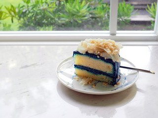 A piece of sponge cake with blue color cream decorated with coconut sliced and fried dried rice on plate . Selective focus.