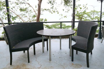 Luxury terrace balcony with dining table and chairs in a restaurant or resort, Outdoor area, Space for text in template