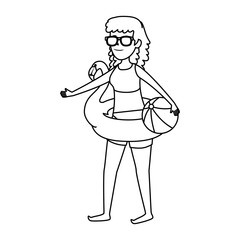 happy young girl with flemish float and balloon beach toy