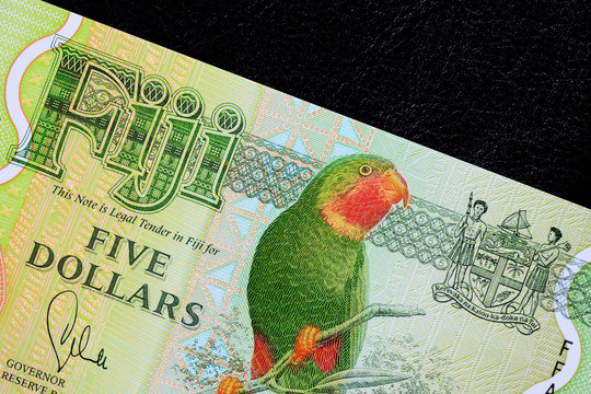 Five Fijian dollars banknote on a dark background close up