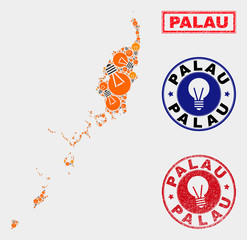 Electrical bulb mosaic Palau map and grunge round stamp seals. Mosaic vector Palau map is designed with electrical bulb items. Abstract images for power supply services. Orange and red colors used.