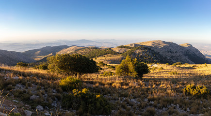 Obraz premium This mountain region is called Sierra Espuna. A panoramic view at sunset from the summit of Mount Morron in the Spanish region of Murcia to the north.