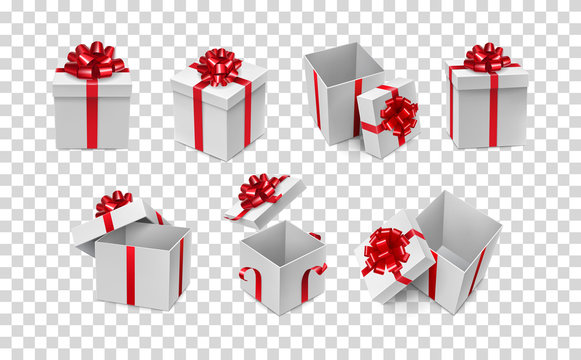Various white boxes with red ribbon bows mockup. Any competition winner prize container with silk tape decoration. Many realistic gift boxes isolated on transparent background vector illustration