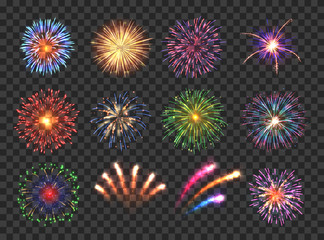 Big set of various fireworks with brightly shining sparks. Colorful pyrotechnics show. Realistic fireworks celebration isolated vector illustration. Beautiful light performance in night sky. - obrazy, fototapety, plakaty